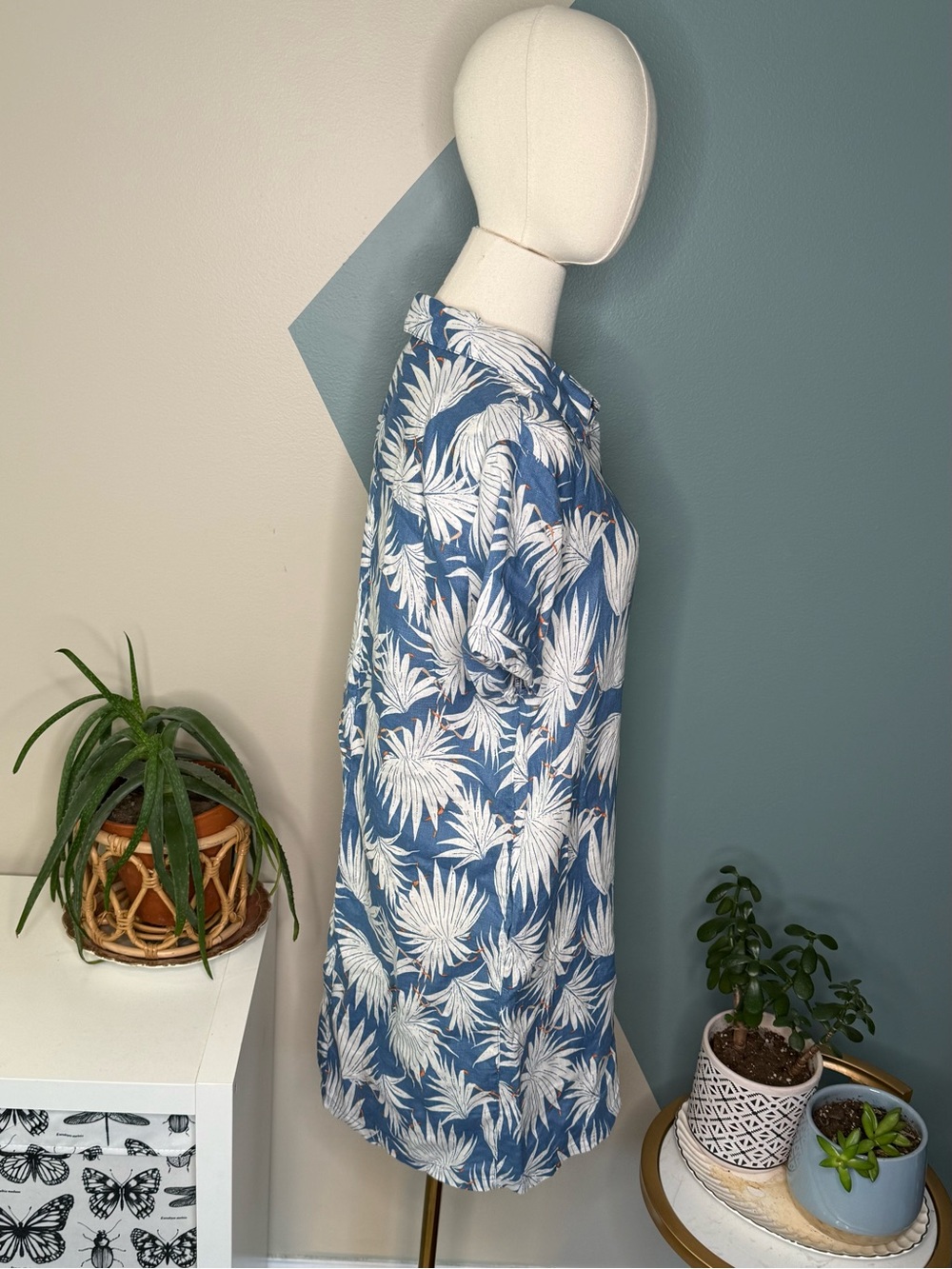 Rachel Zoe 100% Linen Palm Leaf Shirt Dress Coastal Resort Vacation Blue Small - Picture 5 of 10